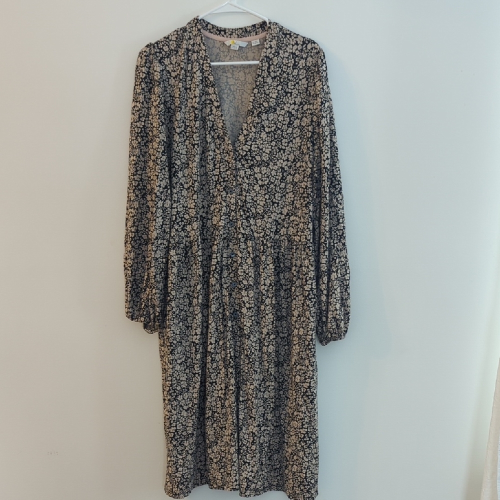 Boden Women's Black and Beige Floral Long Sleeved Dress (US 20/22L)